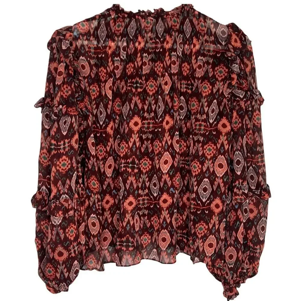 Ulla Johnson Miray Silk Horizon Long Sleeve Ruffle Trim Blouse Garnet Women's 2 - Picture 11 of 14